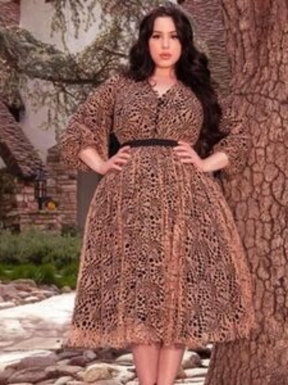 La Femme en Noir Coven Midi Dress in Blush/Black Cobweb Lace
